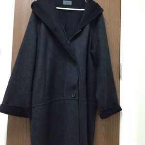 OSKA Gray Women's Pea Coat virgin wool pockets hood zip oversized, Germany, M-L